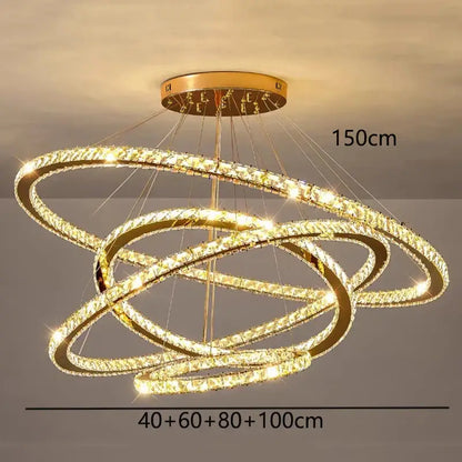 Golden crystal chandelier with multiple interlocking rings pendant light by DecorBites for stair and living room lighting