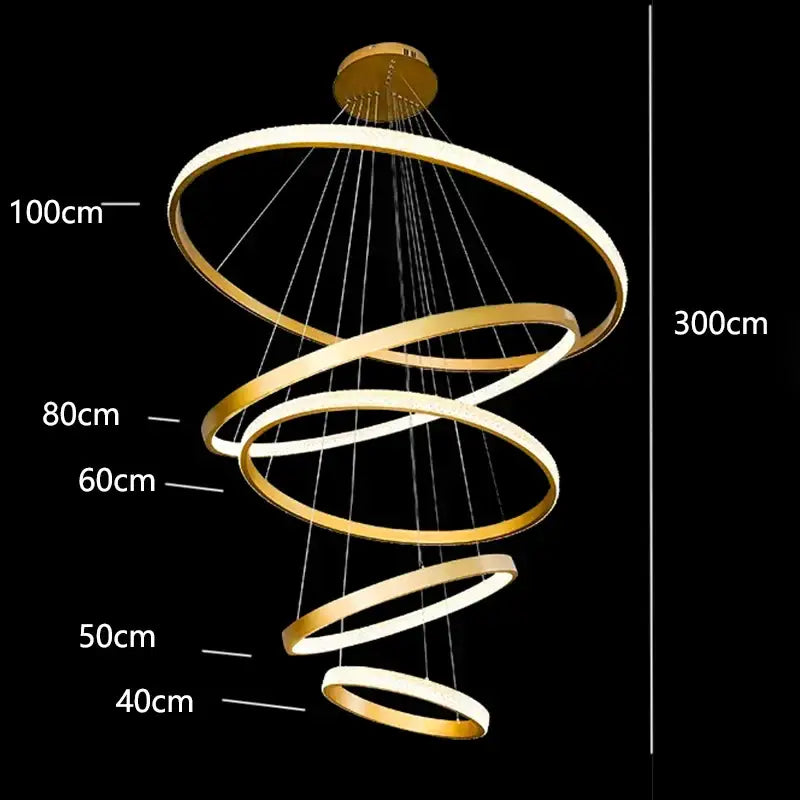 Gold-toned DecorBites crystal chandelier pendant lamp with concentric LED rings for stair and living room lighting