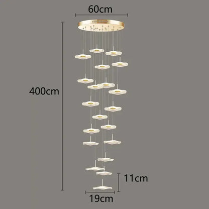 Modern 400cm decorbites crystal chandelier stair pendant light with gold mount and white petal led fixtures