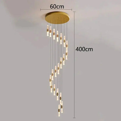 Gold-toned decorbites crystal chandelier pendant lamp with cascading glass bulbs and metallic accents for stair lighting
