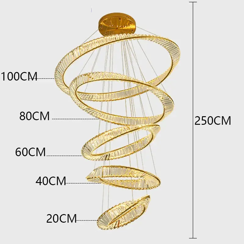 Golden spiral decorbites crystal chandelier with multiple glowing rings and crystal accents for living room lighting
