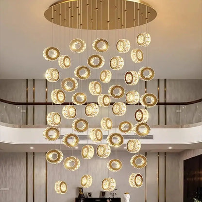 Golden circular decorbites crystal chandelier pendant light with crystal accents for stair and living room interior lighting
