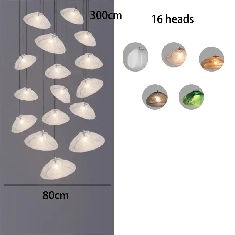 DecorBites crystal chandelier stair pendant with 16 shell-shaped lights in white and metallic finishes for modern living rooms