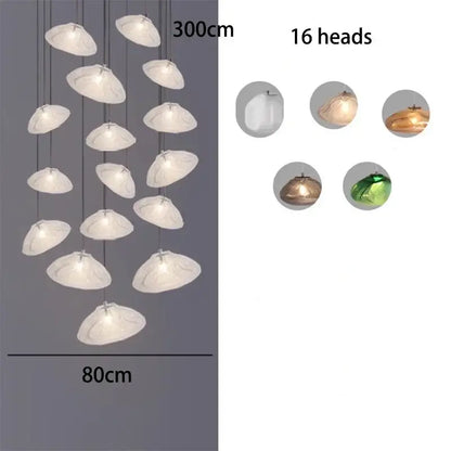 DecorBites crystal chandelier stair pendant with 16 shell-shaped lights in white and metallic finishes for modern living rooms