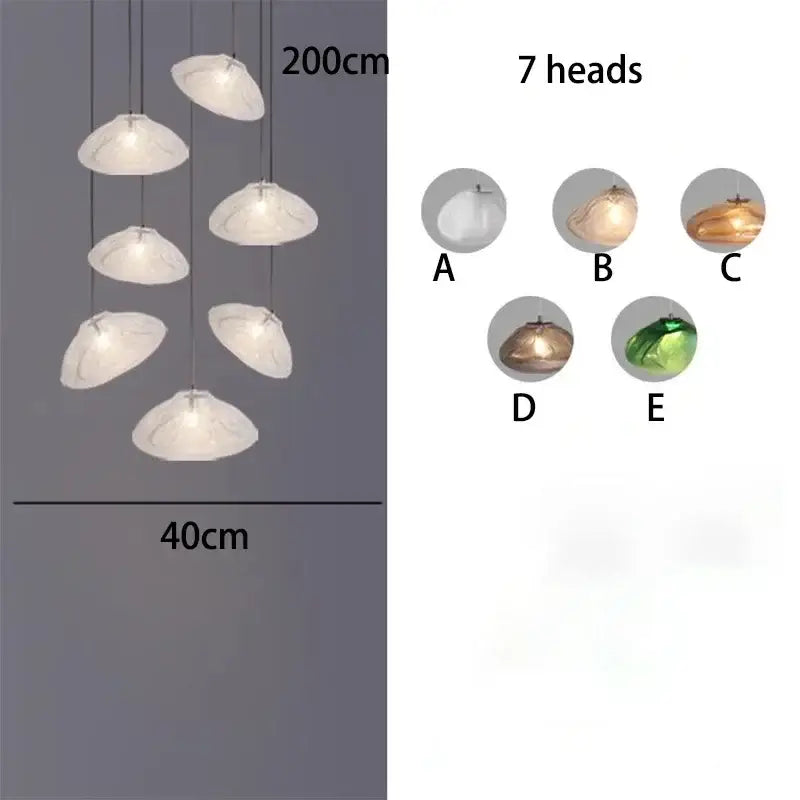 A modern 200cm tall decorbites crystal chandelier stair pendant lamp with seven shell-shaped lamp heads on cords