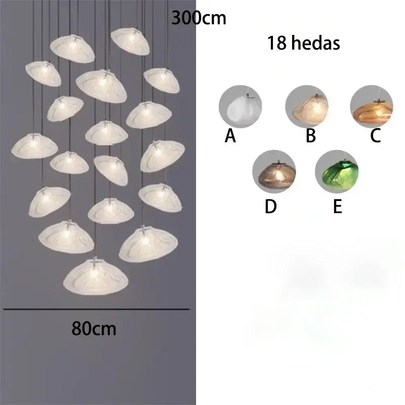 DecorBites crystal chandelier stair pendant lamp with 18 white shell-shaped lights suspended on black cords