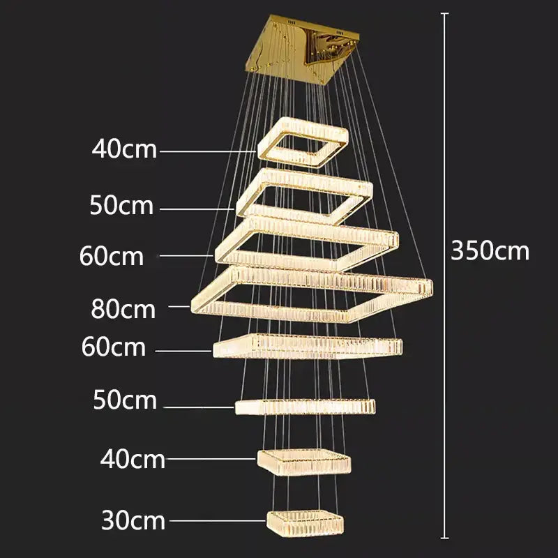 Golden decorbites crystal chandelier stair pendant light featuring rectangular crystal-encrusted fixtures in spiral design