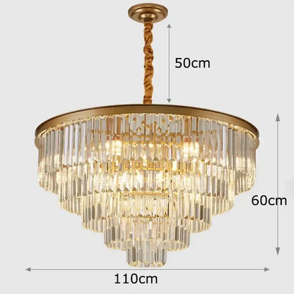 Decorbites crystal chandelier pendant light with gold-finished frame and cascading clear glass rods for modern stair lighting