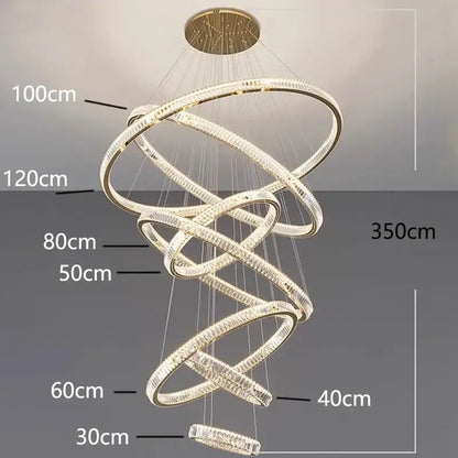 DecorBites crystal chandelier with interlocking gold-toned rings and clear crystals for stair pendant lighting