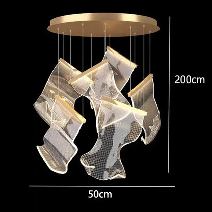 Gold-toned DecorBites crystal chandelier pendant light with translucent mesh fabric shades for modern stair lighting