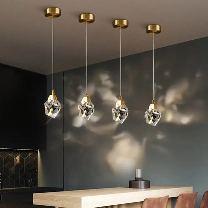 Four decorbites crystal chandelier staircase pendant lights with gold fixtures and faceted glass globes for living room lighting