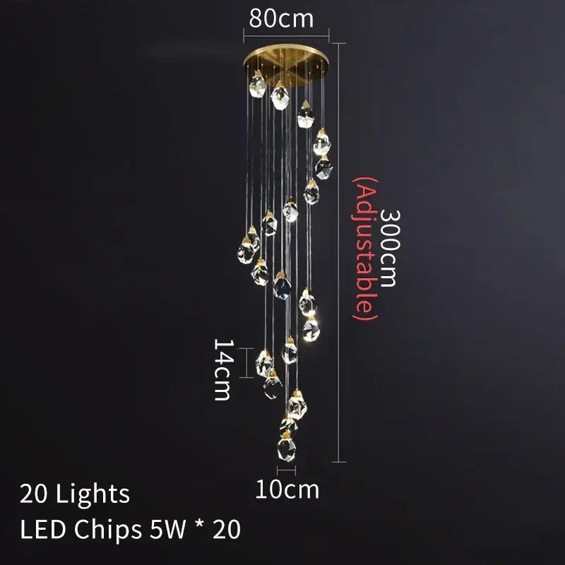DecorBites crystal chandelier staircase pendant with gold base and 20 clear crystal droplets for living room lighting