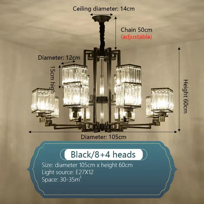 Black metal decorbites crystal chandelier villa with eight rectangular crystal shades and adjustable chain for living room lighting