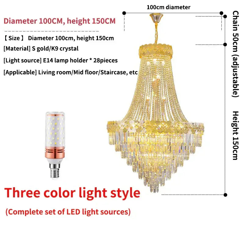 Decorbites crystal chandelier villa living room light with gold frame and clear crystals 100cm diameter adjustable chain