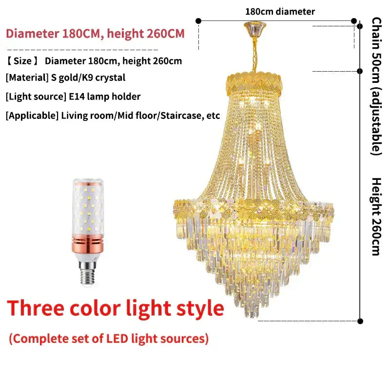 Golden decorbites crystal chandelier with cascading k9 crystal tiers and gold finish for villa living room or staircase lighting