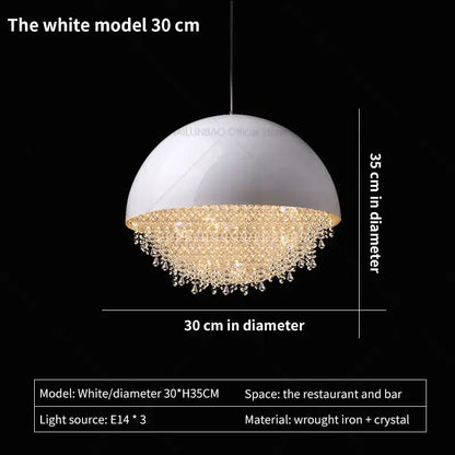 A sleek white dome pendant light with a sparkling crystal chandelier effect by decorbites crystal chandelier