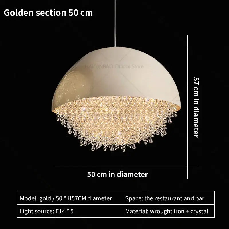 A gold-toned decorbites crystal chandelier dome pendant light with sparkling crystals made of wrought iron for living room