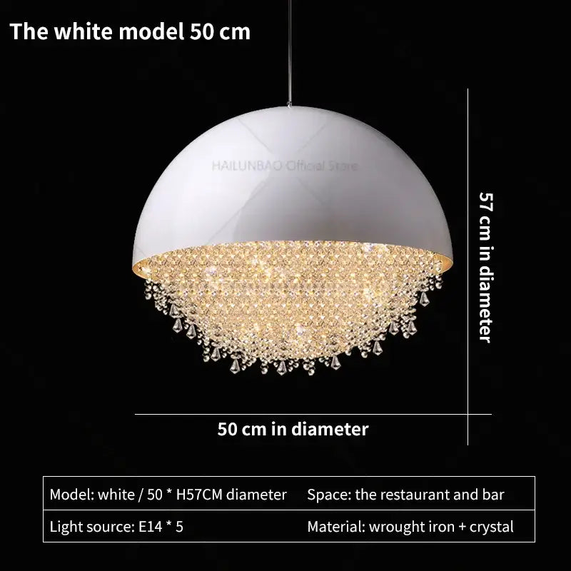 A white dome pendant light with cascading clear crystals from decorbites crystal chandelier for living room use