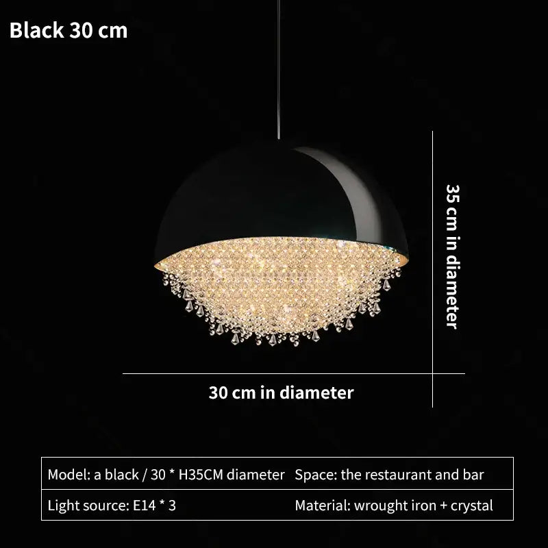 Black dome-shaped decorbites crystal chandelier pendant light with sparkling crystal fringe for living room