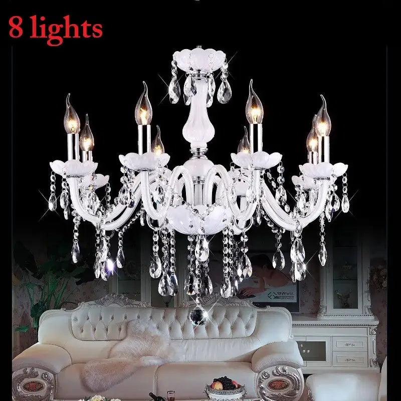 Elegant white decorbites crystal chandelier with 18 arms and cascading clear crystal teardrops LED candle lights
