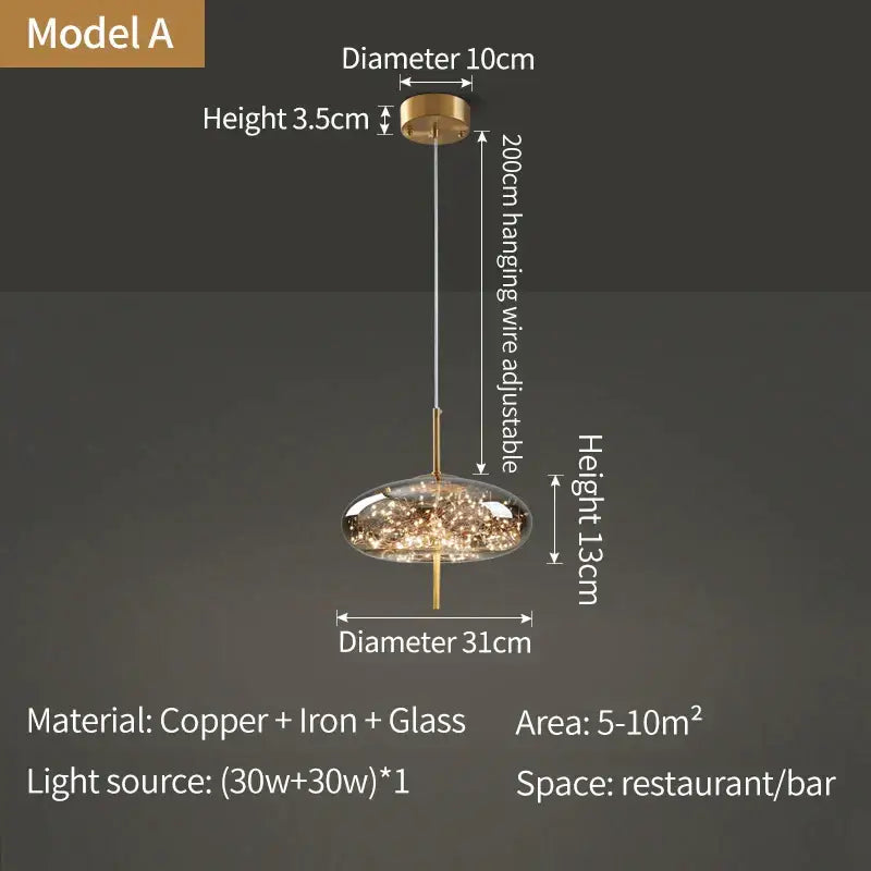 Modern copper and iron decorbites crystal chandelier with 31cm glass shade and led lights for restaurant or bar decor