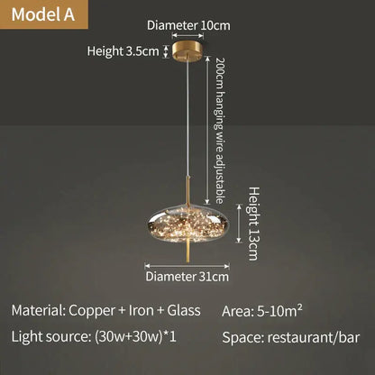 Modern copper and iron decorbites crystal chandelier with 31cm glass shade and led lights for restaurant or bar decor