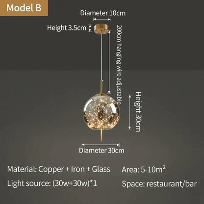 Decorbites crystal chandelier with a copper and iron frame and clear glass globe filled with golden LED lights for kitchen decor