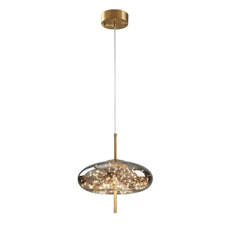 A modern DecorBites crystal chandelier with gold metal frame and smoked glass shade featuring embedded LED fairy lights