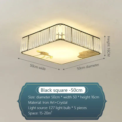 Square ceiling light by Decorbites crystal chinese with black iron frame clear crystal bars and gold lotus motifs for living room