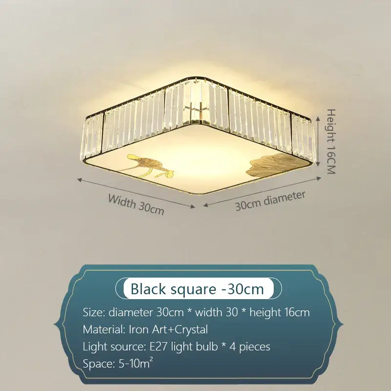 Square ceiling light by decorbites crystal chinese with black iron frame, clear crystals, and gold lotus leaf design for living room
