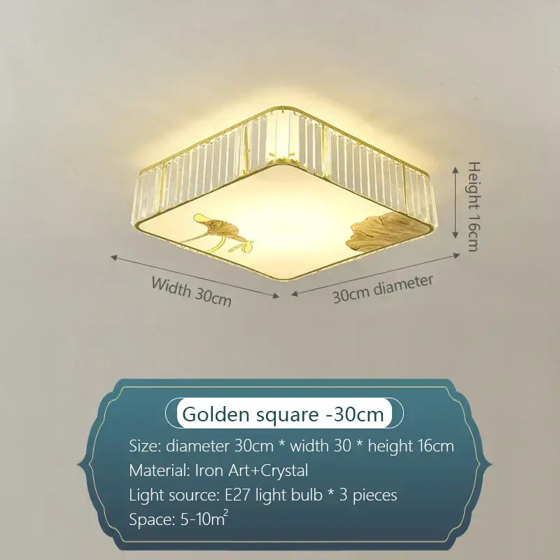Decorbites crystal chinese gold lotus ceiling light with golden frame crystal accents and gold leaf motifs for living room