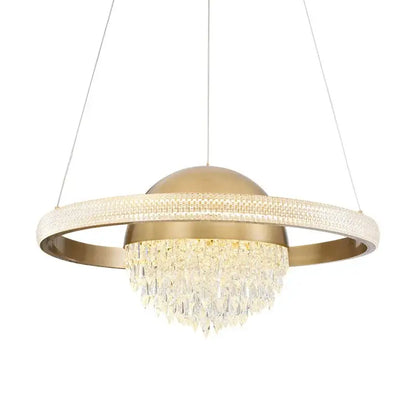 Gold-toned decorbites crystal copper pendant light with circular ring and cascading crystals for luxury dining room decor