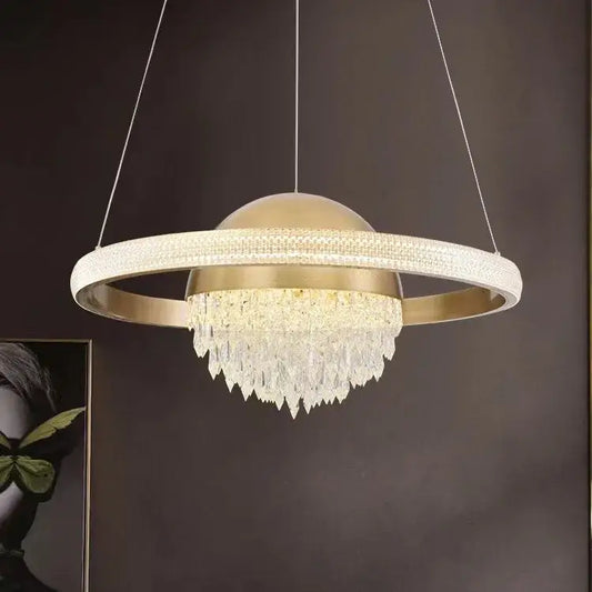 Gold-toned decorbites crystal copper pendant lights with central dome and cascading crystal fringe for luxury dining decor