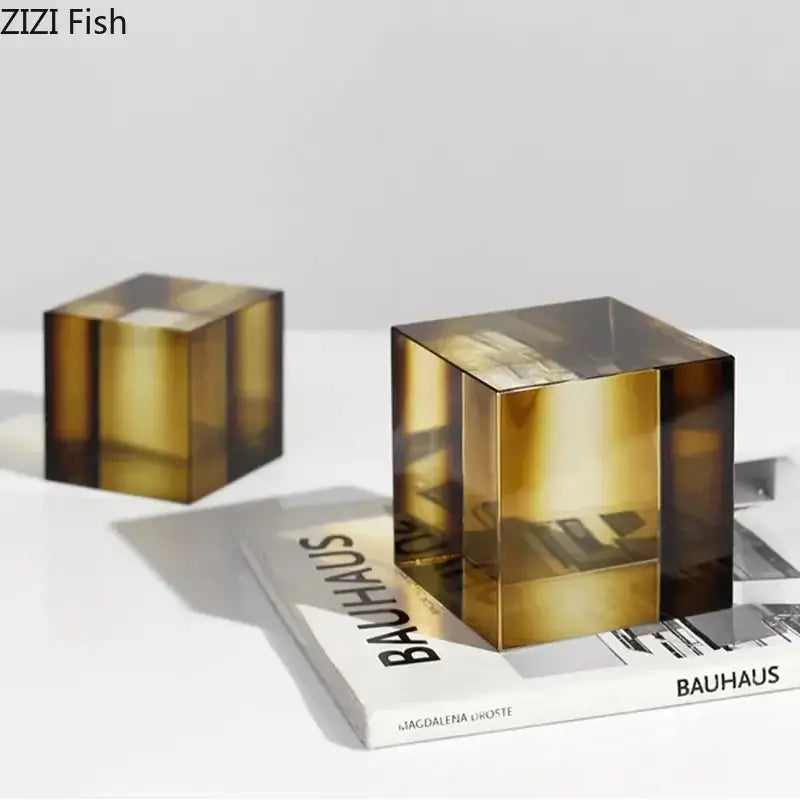 Decorbites crystal cube golden translucent acrylic cube sculpture for living room decor and crystal cube ornaments