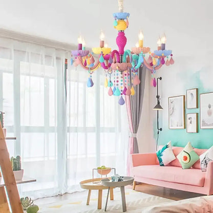 DecorBites™ multi-color kids chandelier with a pink central body and pastel crystal teardrop ornaments for kindergarten use
