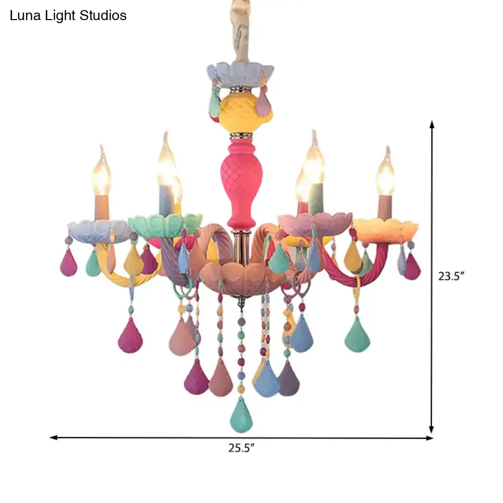 DecorBites™ crystal decorated kids chandelier with a pink column and pastel teardrop glass ornaments for kindergarten