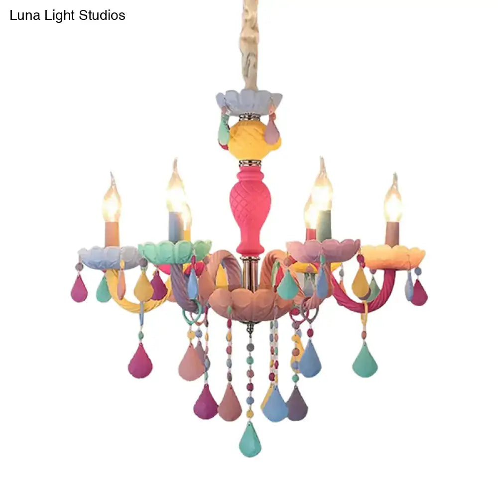 DecorBites™ crystal decorated kids chandelier with a central pink column and pastel teardrop beads for kindergarten use