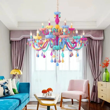 A decorbites™ crystal decorated kids chandelier featuring a vibrant multi-color pastel and bright hanging light for kindergarten