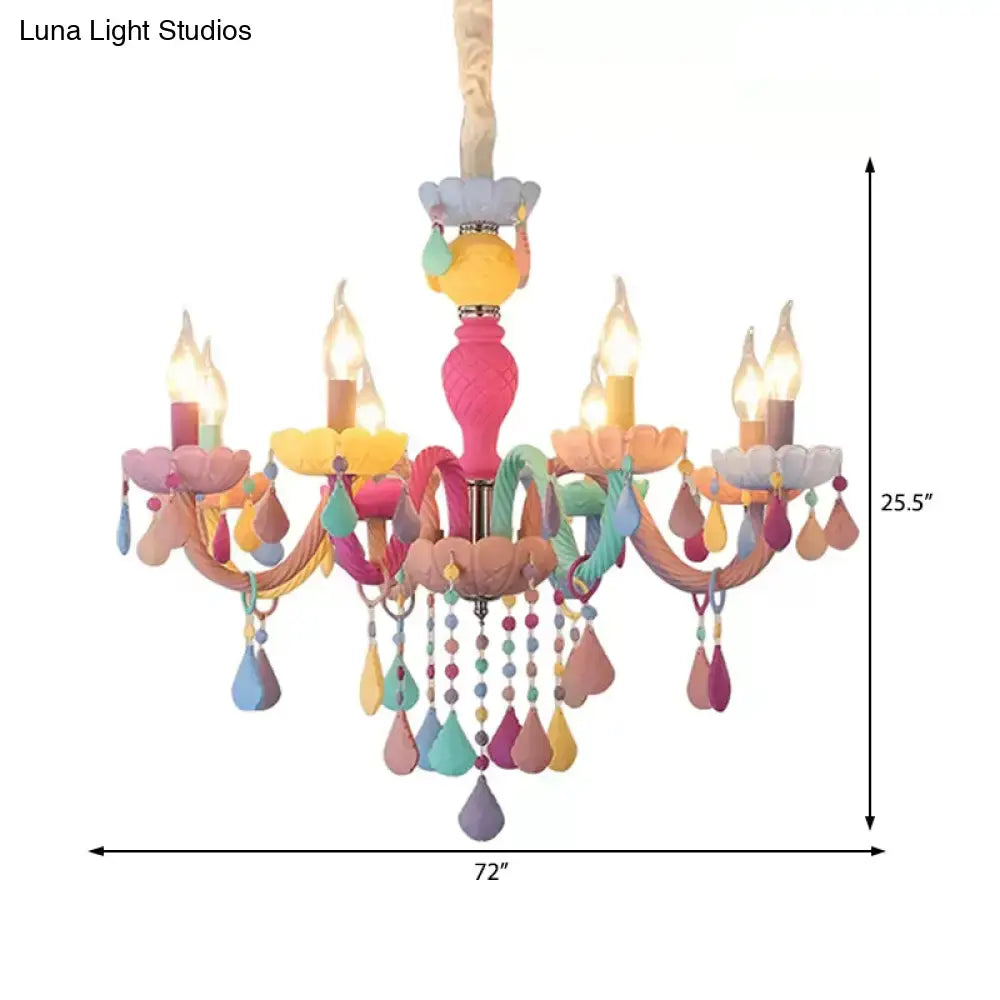 DecorBites™ kids chandelier with pastel painted resin arms and multicolor crystal teardrop beads for kindergarten use