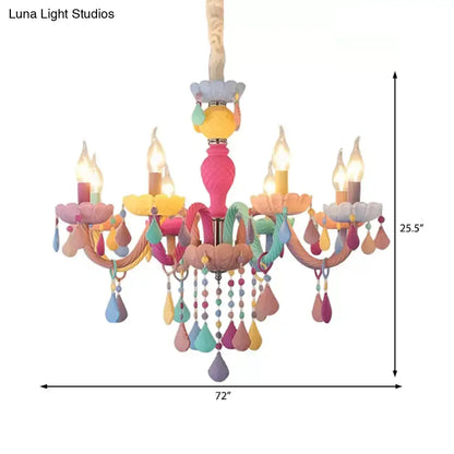 DecorBites™ kids chandelier with pastel painted resin arms and multicolor crystal teardrop beads for kindergarten use