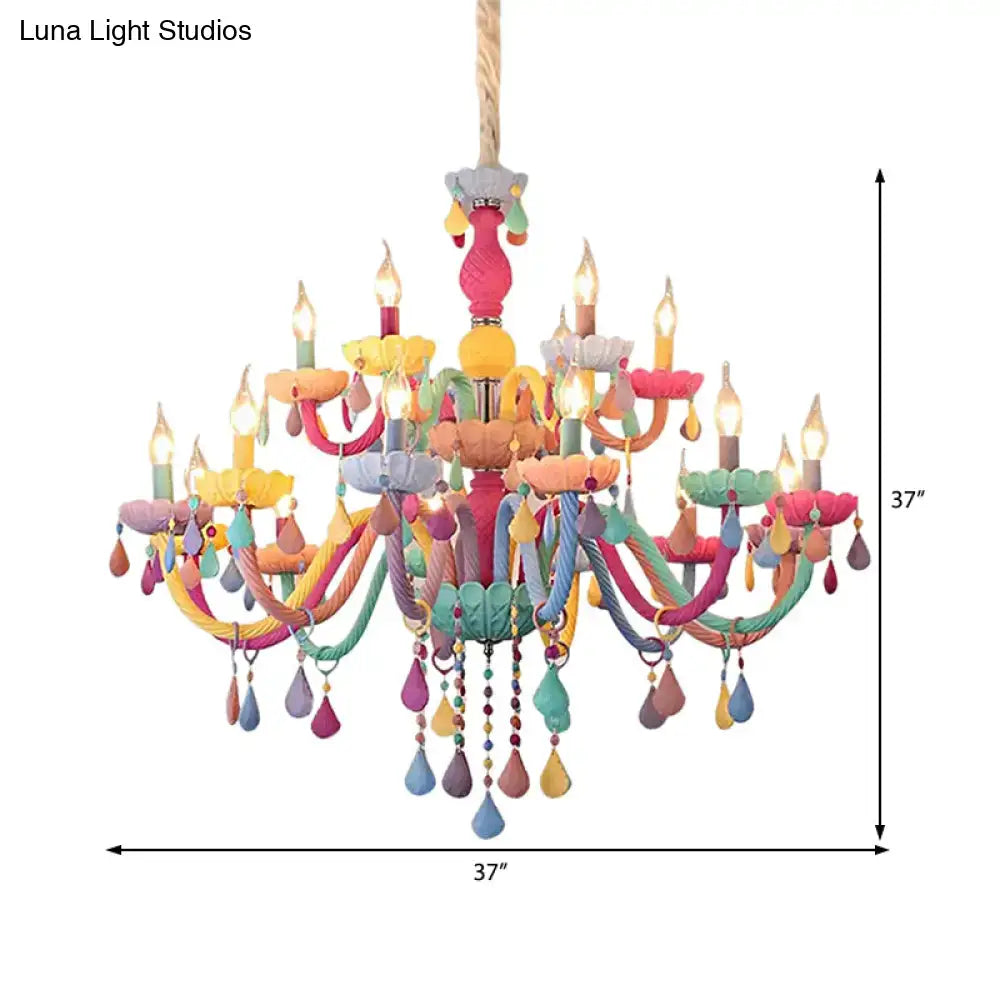 DecorBites™ crystal decorated kids chandelier with vibrant multi-colored painted metal arms and dangling beads for kindergarten