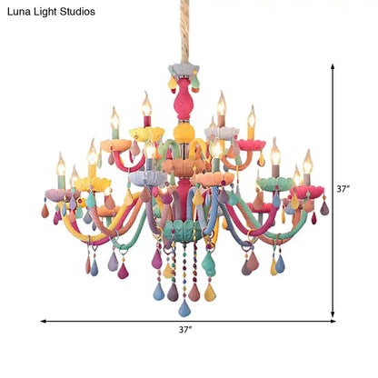 DecorBites™ crystal decorated kids chandelier with vibrant multi-colored painted metal arms and dangling beads for kindergarten