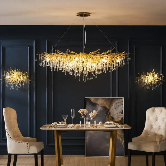 Golden branch-style decorbites crystal drop chandelier with dangling crystal droplets for dining room lighting