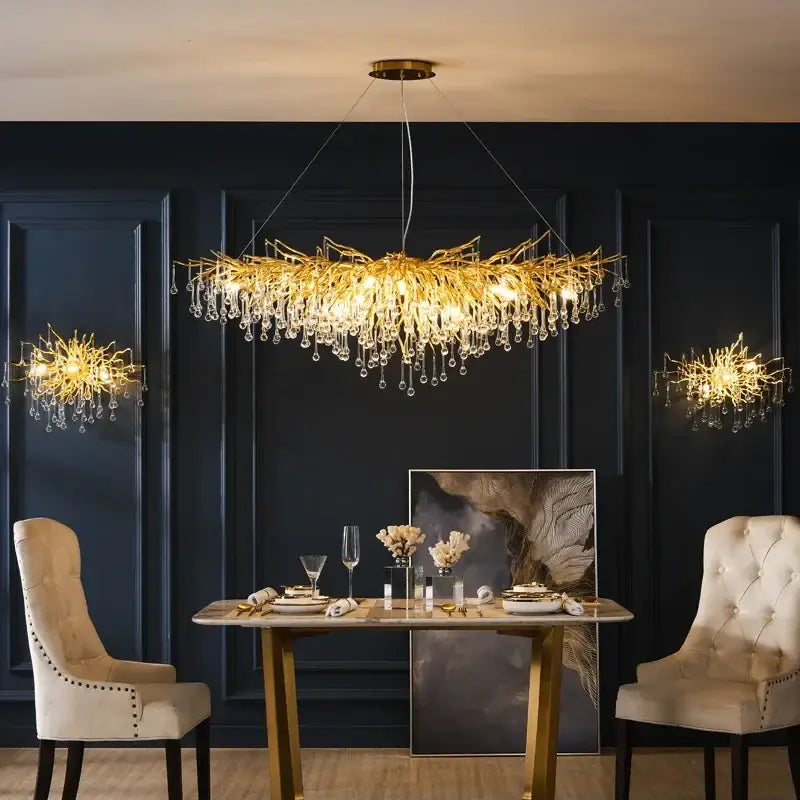 Golden branch-style decorbites crystal drop chandelier with dangling crystal droplets for dining room lighting