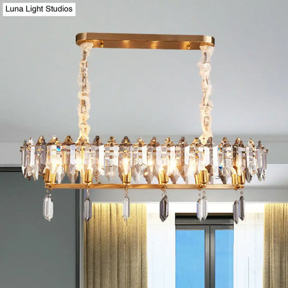 Gold-toned rectangular crystal drop chandelier with clear prisms and faceted pendants for dining hall 110v-120v 220v-240v modern clear oval design