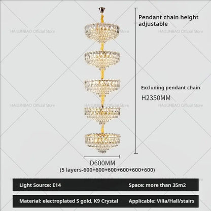 Five-tiered decorbites crystal duplex chandelier with electroplated gold finish and k9 crystals for living room lighting