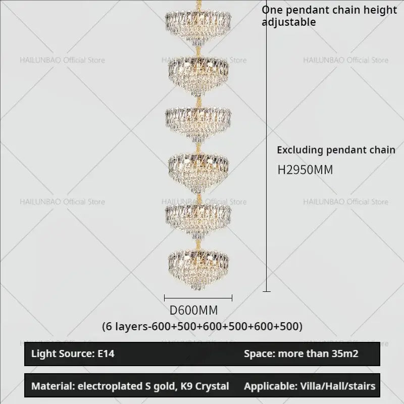 A multi-tiered decorbites crystal duplex chandelier with electroplated gold finish and k9 crystals for living room lighting
