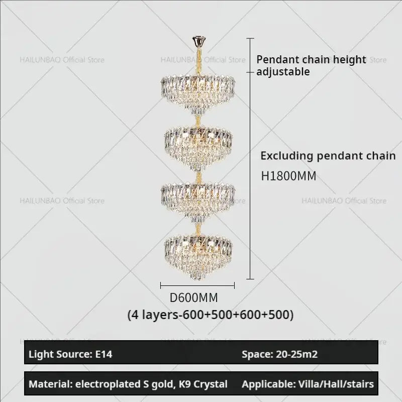 Decorbites crystal duplex chandelier with four cascading k9 crystal tiers and gold electroplated finish for living room lighting
