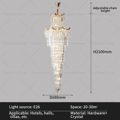 A tall gold decorbites crystal duplex chandelier with cascading clear glass prisms for staircase or living room lighting