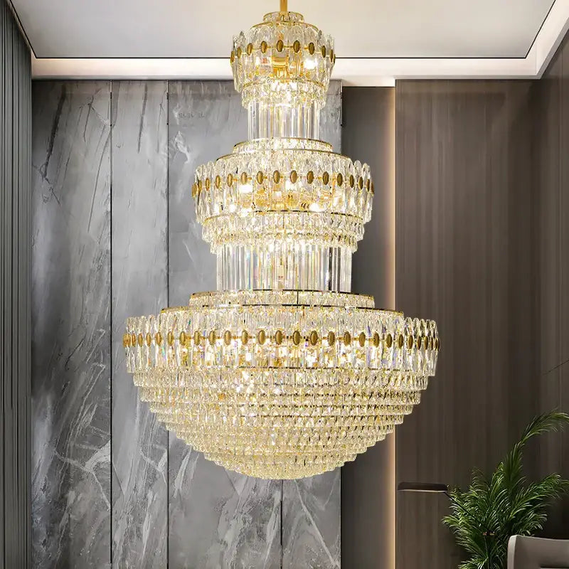 Decorbites crystal duplex gold chandelier with multi-tiered cascading clear crystals for hotel and living room